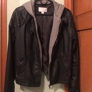 Faux Black Leather Jacket With Grey Hood.